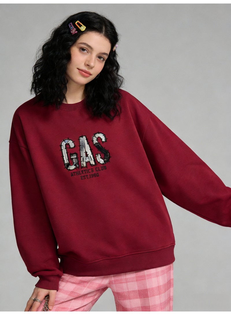 غاز GAS Burgundy "GAS ATHLETICS CLUB" Distressed Letter Oversized Crew Neck Sweatshirt | Unisex Pullover With "EST.1990" Print - Image 4